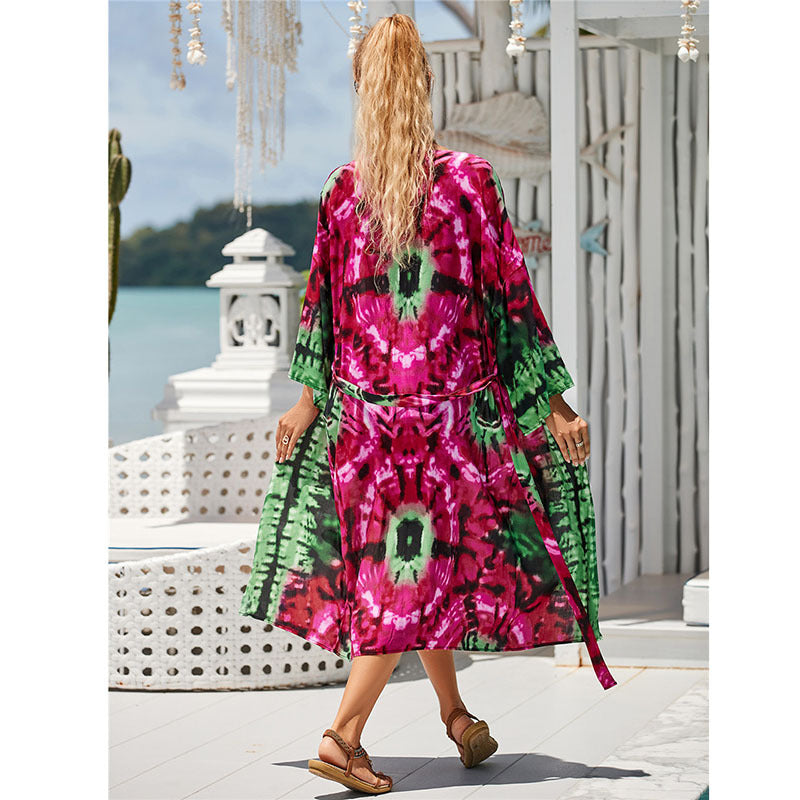Dame elegant Strandkaftan med fri skæring og farverigt mønster Stilla