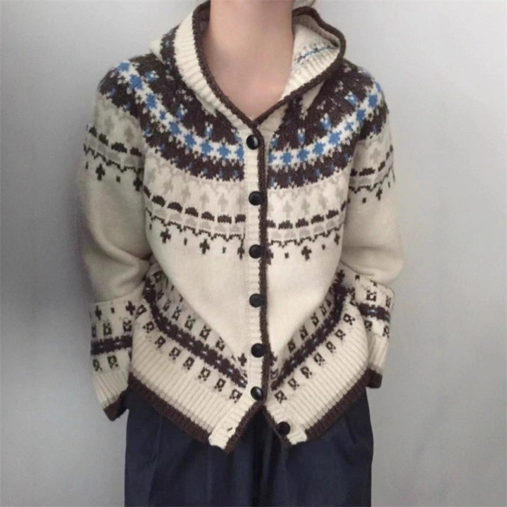 Damer fashionable cardigan med hætte og traditionelt norsk mønster Stilla
