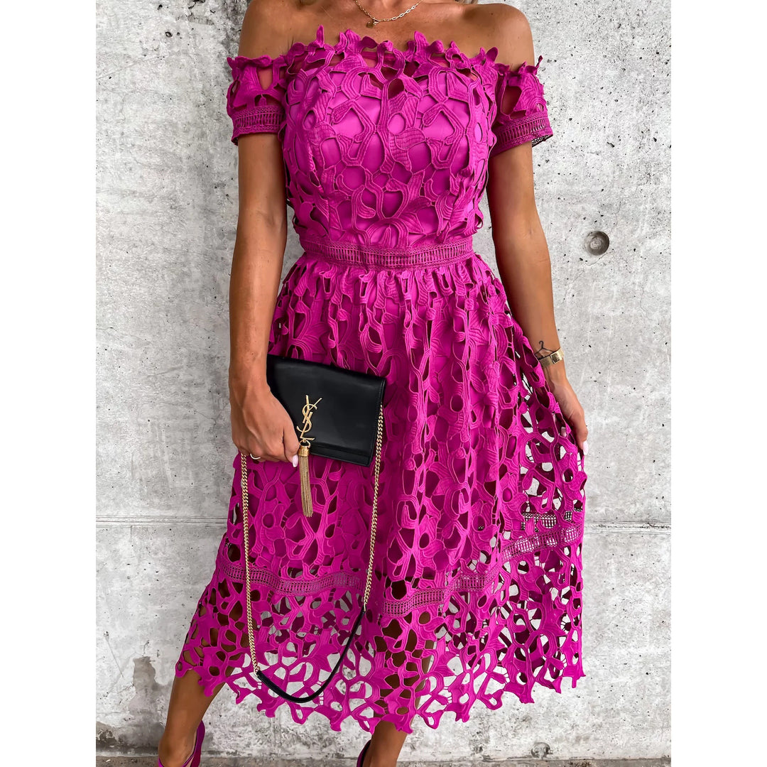 Dame Off-Shoulder Kjole med florale Hækling-detaljer og elastisk Taljebånd Stiila