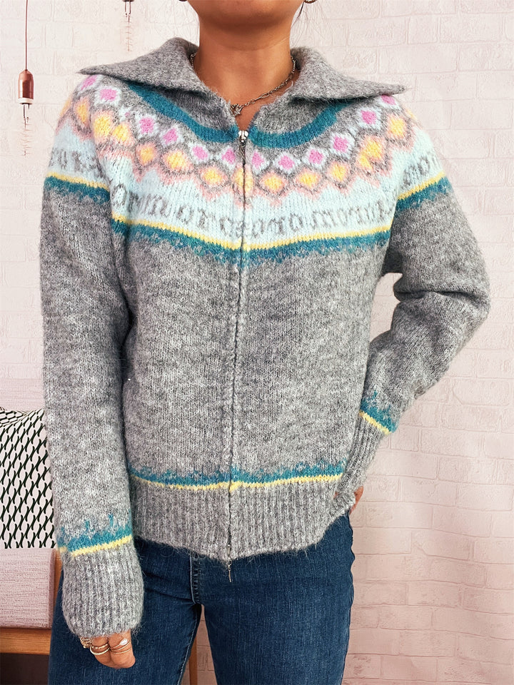 Kvinders cardigan med blomsterprint og moderne lynlås Stilla