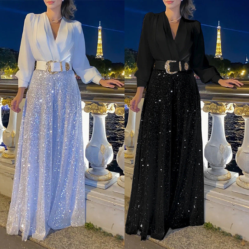 Damer elegant overall med glitrende palietter og lang skæring Stilla