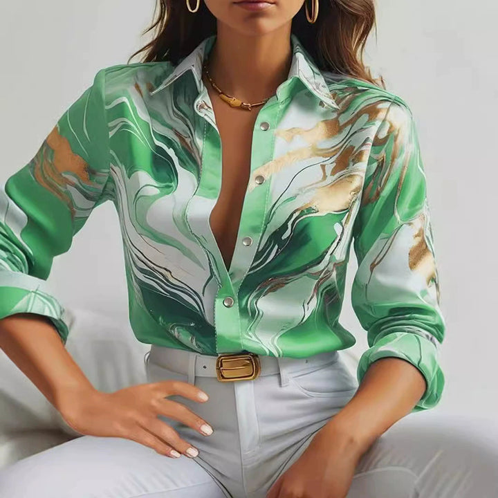 Damer Elegant Satinbluse med maritimt mønster Stilla