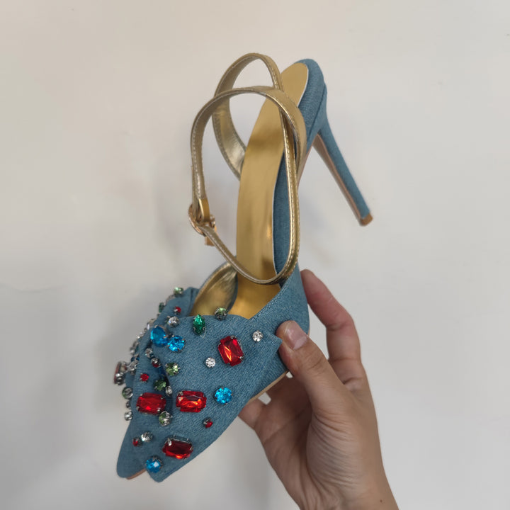 Dame Strass-dekorerede spidse Slingback-hæle Stilla