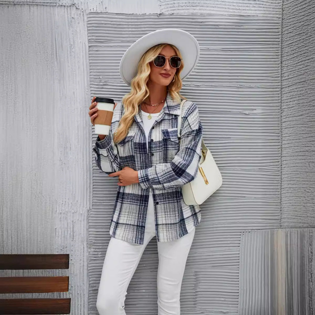 Dame Casual Flannel Skjorte Jakke med Ternet Design og Praktiske Brystlommer Skovae