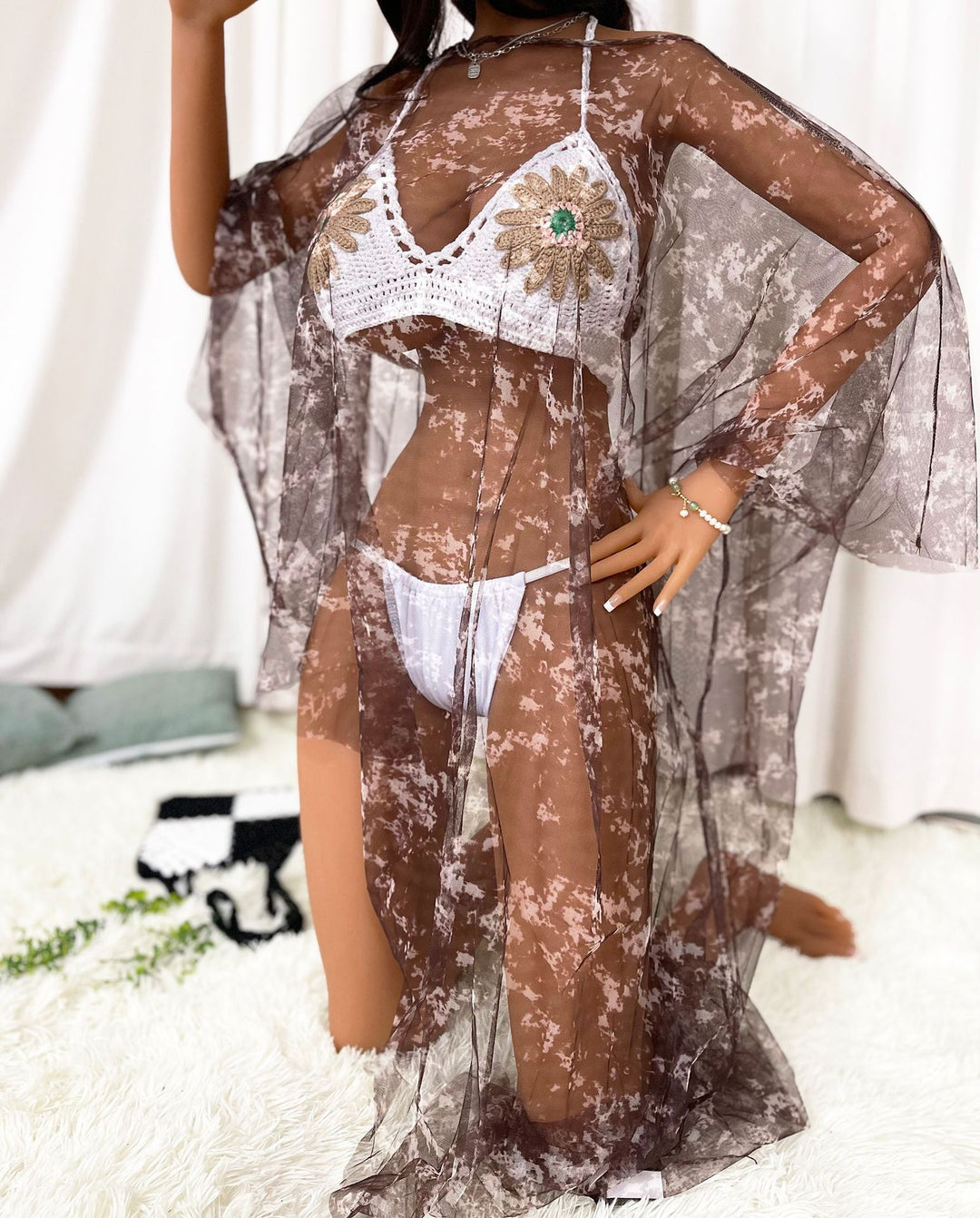 Dame transparent strandoverdel med blomstermotiv Stilla
