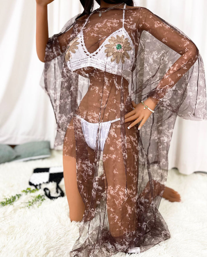 Dame transparent strandoverdel med blomstermotiv Stilla