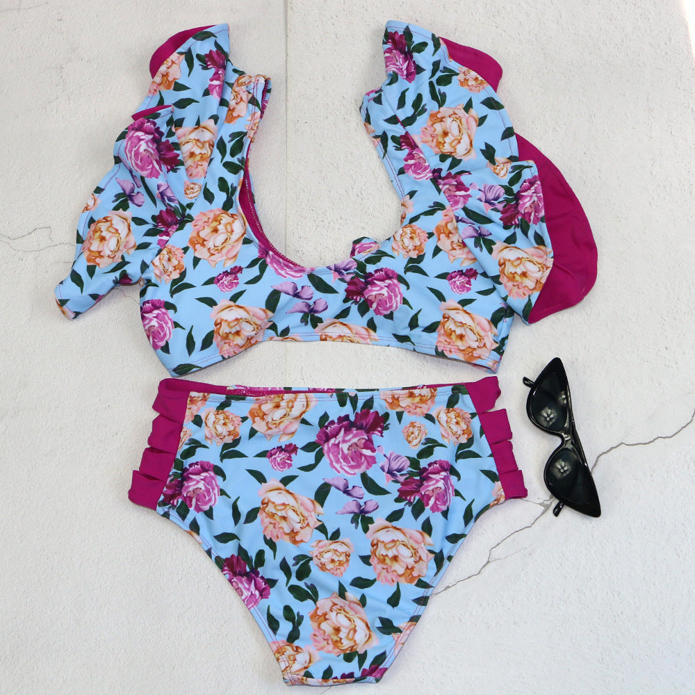 Dame bikini-sæt med flæsedetaljer og floralt mønster Skovae