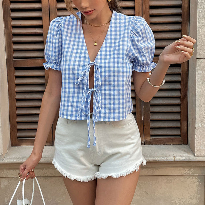 Dame Puffærmede Ternet Crop Top med Bindingsdetalje Stilla