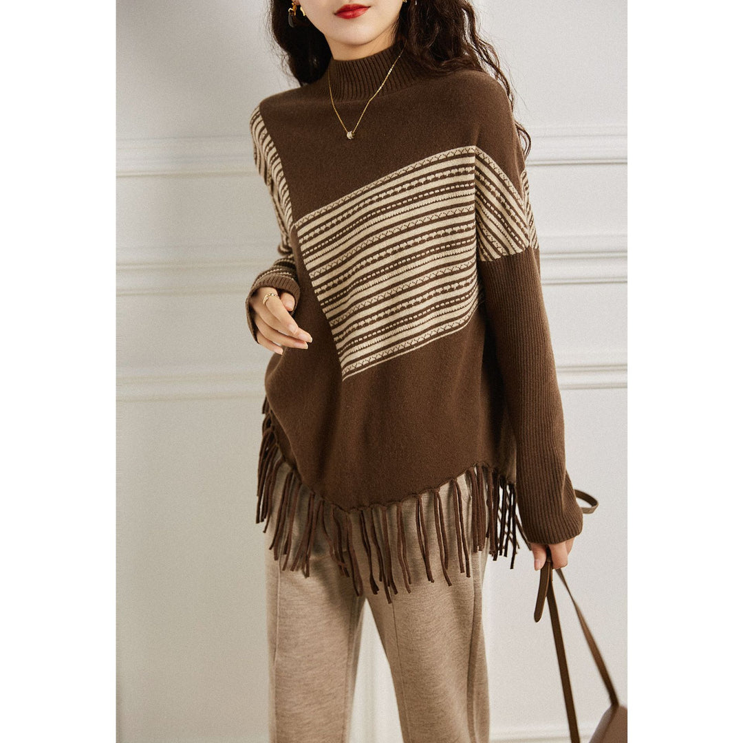 Kvinders oversized sweater med grafisk stribemønster og frynser Stilla
