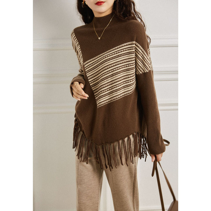 Kvinders oversized sweater med grafisk stribemønster og frynser Stilla