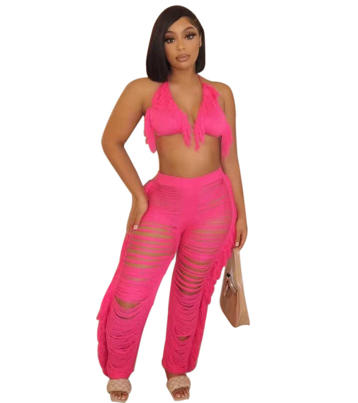 Dame Strandoutfit med frynset Crop-Top og afslappet Bukser Stilla