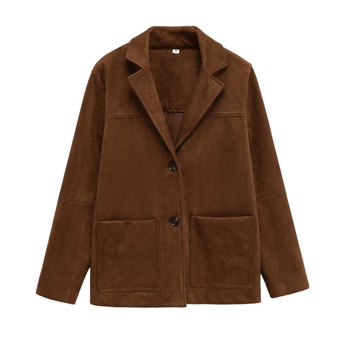 Dame Mode Suede Blazer Jakke med Praktiske Lommer