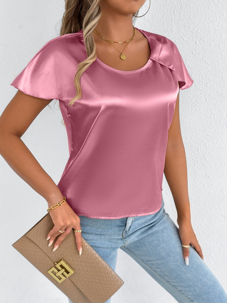 Dame satinbluse med elegante bølger Skovae