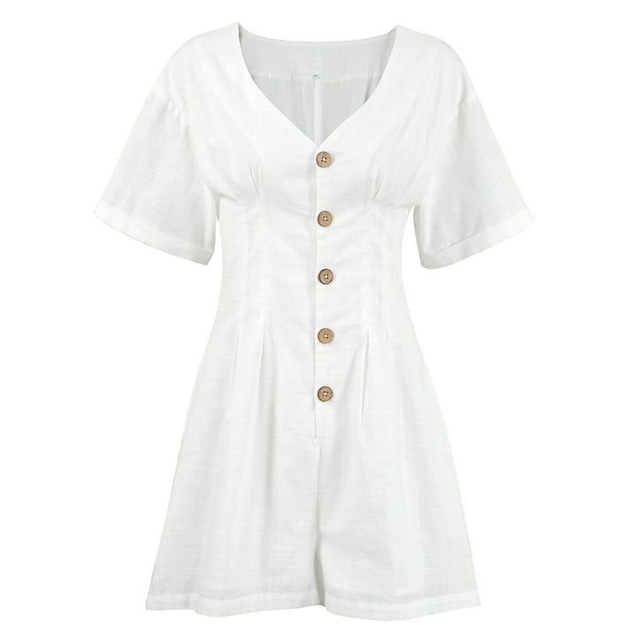 Dame jumpsuit med V-hals og knapliste Stilla