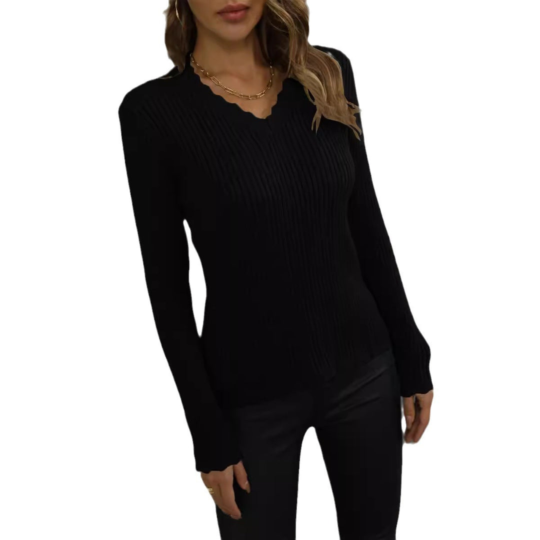 Kvinders V-hals ribbet sweater med bølgekant Stilla