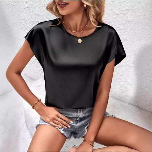 Dame Elegant satin top med afslappet snit og korte ærmer Skovae