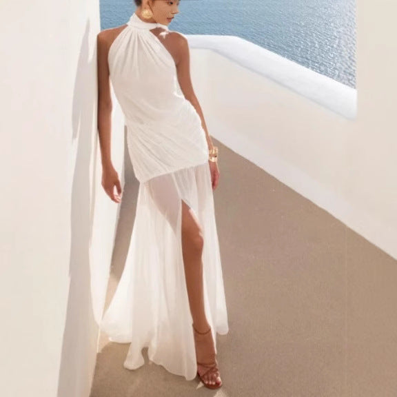 Femme Elegante Halterneck Flydende Maxikjole Stilla