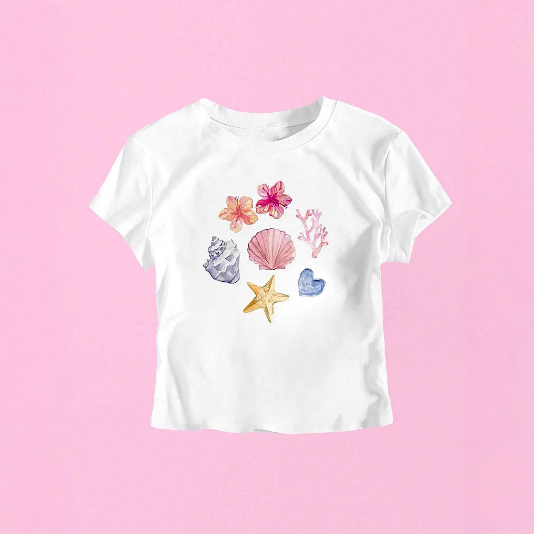 Dame Crop-T-Shirt med maritimt motiv Skovae