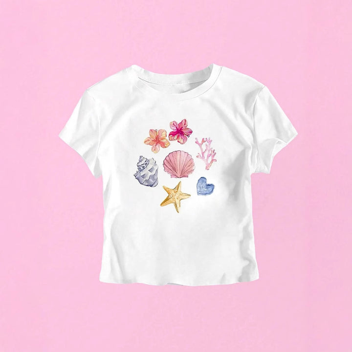 Dame Crop-T-Shirt med maritimt motiv Skovae
