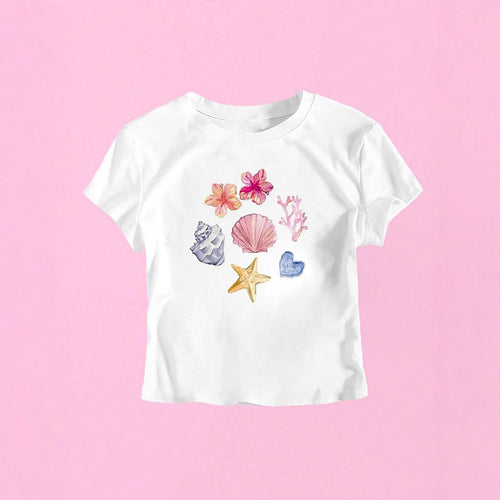 Dame Crop-T-Shirt med maritimt motiv Skovae