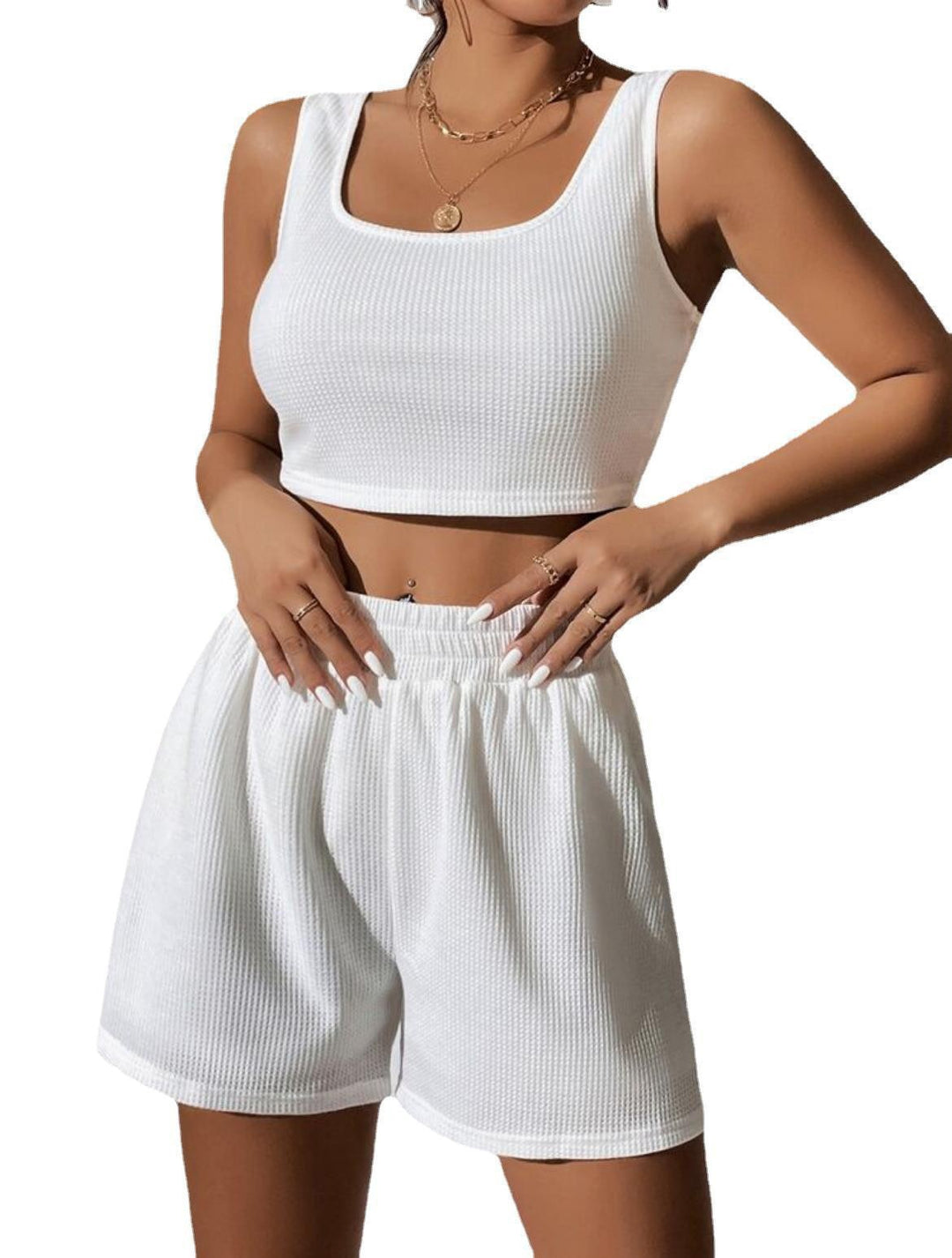 Dame afslappet Crop-Top og shorts-sæt med ribstruktur Stilla