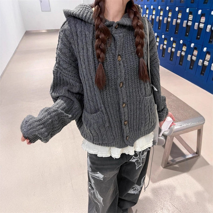 Kvinders chunky strikket cardigan med hætte og store lommer Stilla