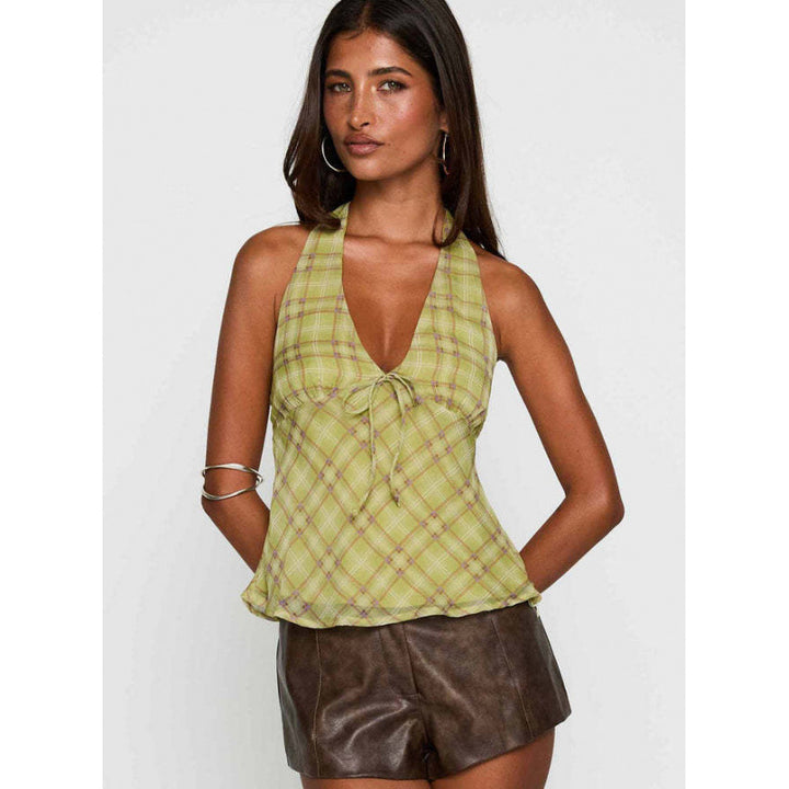 Dame Halter Udsnit Tjekket Top Stilla