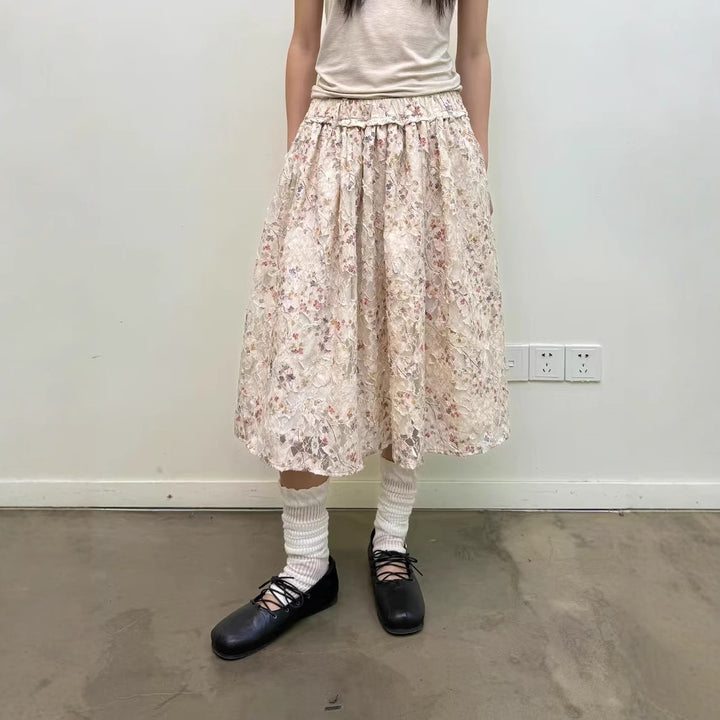 Dame Floral Print Plisseret Midi Nederdel Stilla