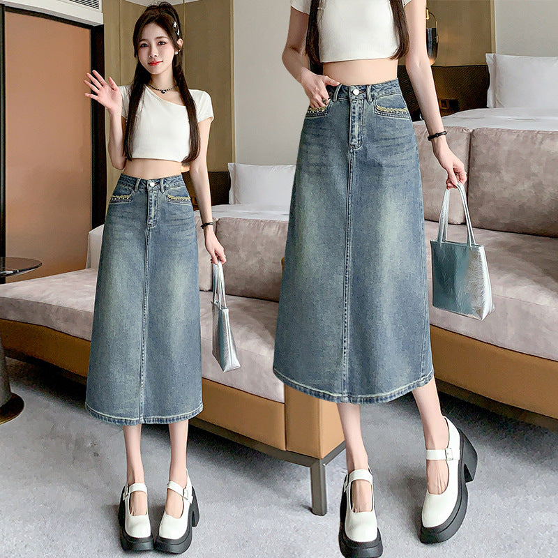 Kvinders denim midi nederdel med flared kant Stilla