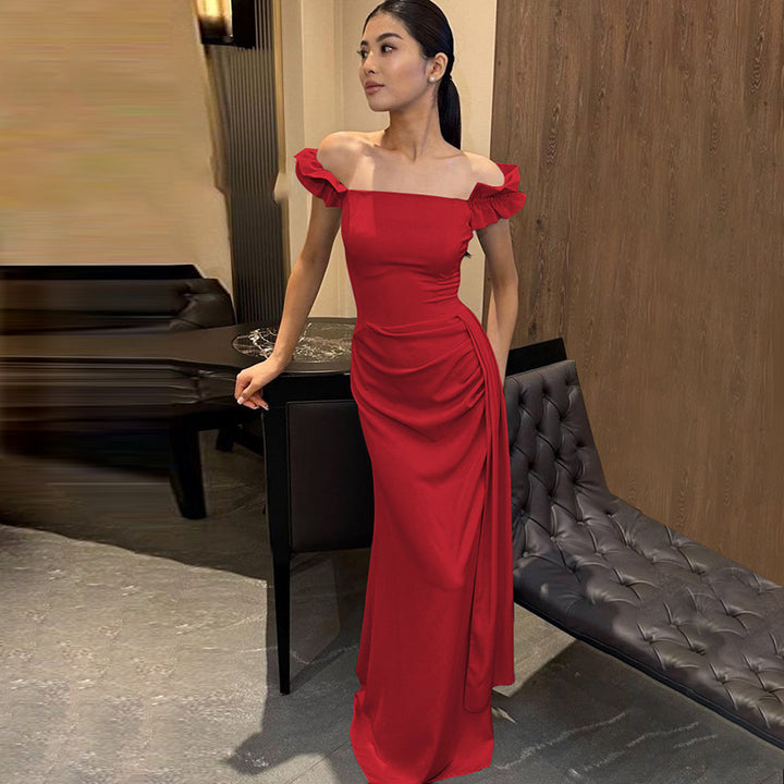 Dame Elegant Maxi kjole med skulderfri design og fine flæsedetaljer Stilla