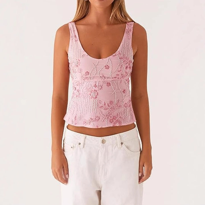 Dame couture top med floral rhinestone design og tætsiddende snit
