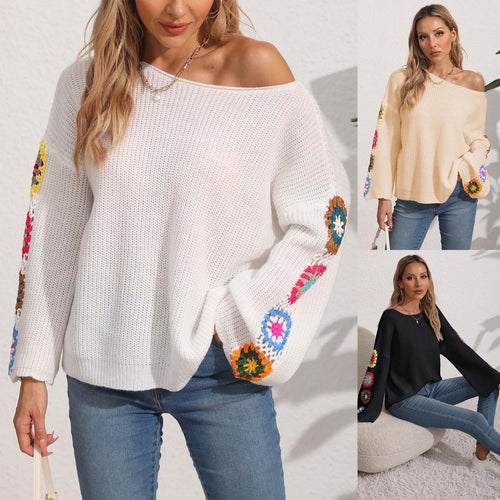 Dame Loose Strikpullover med farverige Broderier Stilla