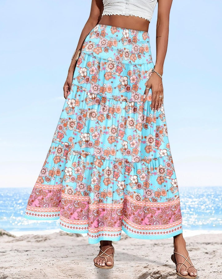 Dame maxilangt skirt med blomster mønstre og elastisk talje Stilla