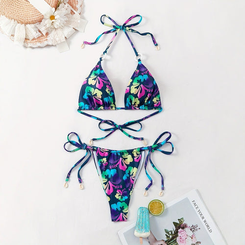 Dame Triangel-Bikini-Sæt med legende blomsterdesign og justerbare stropper Stilla