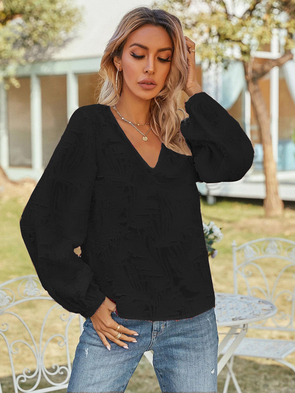 Dame Elegant Bluse med V-Hals og Ballonærmer Stilla