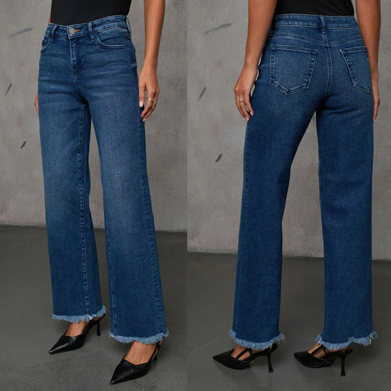 Damehøjt skårne jeans med frynset kant Stilla