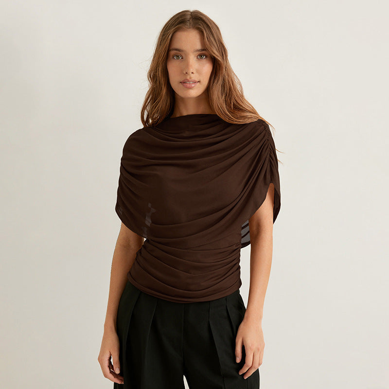 Dame wrap top med dekorativt flæse-detalje og tætsiddende pasform Skovae