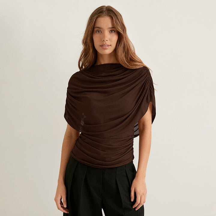 Dame wrap top med dekorativt flæse-detalje og tætsiddende pasform Skovae