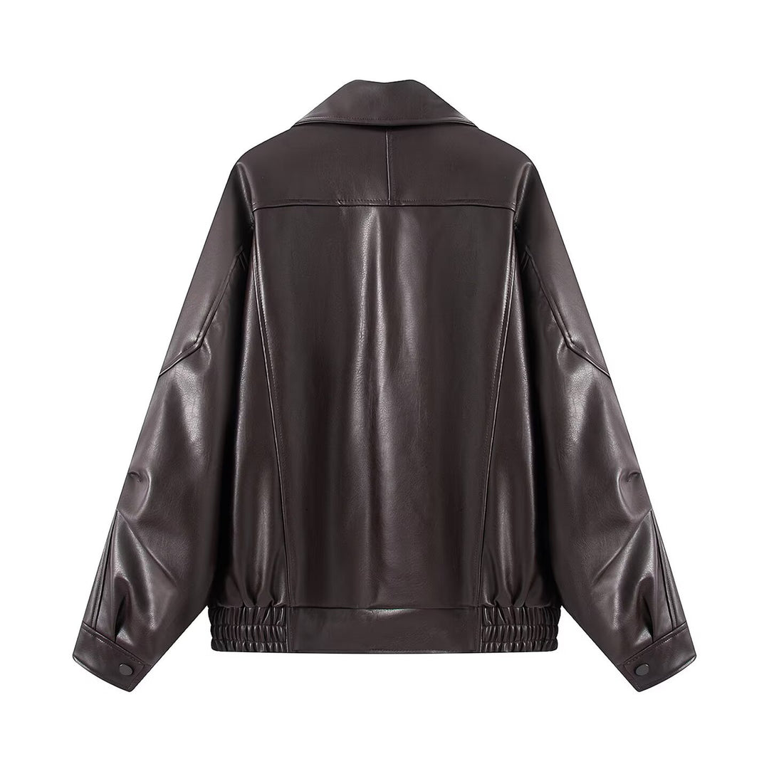Dame mode oversized læderjakke med høj krave og elastisk kant Stilla