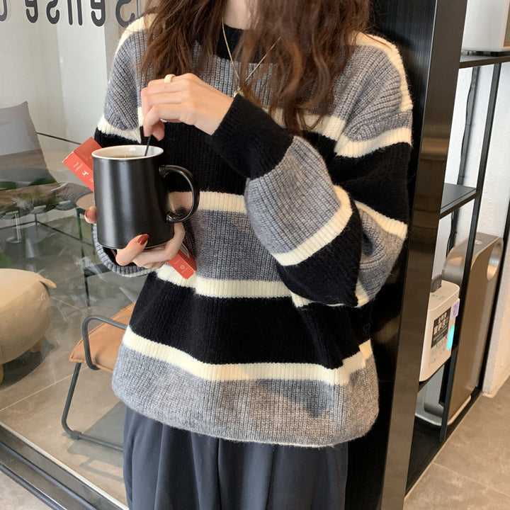 Kvinders afslappede strikket sweater med moderne striber Stilla