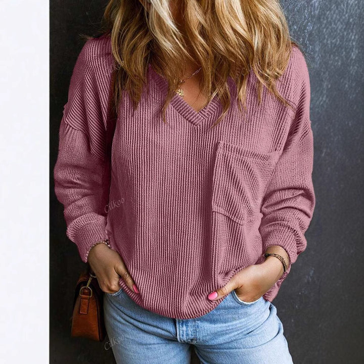 Dame V-hals pullover med brystlomme Stilla