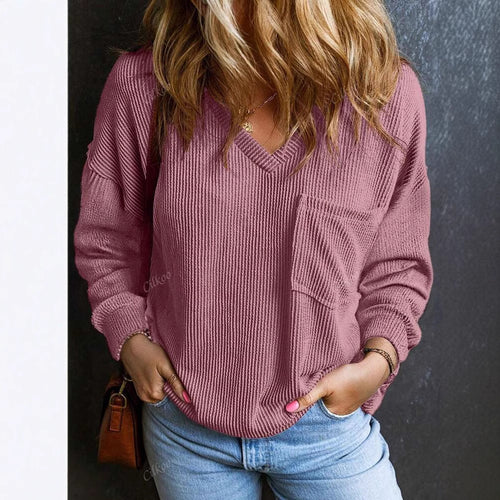 Dame V-hals pullover med brystlomme Stilla