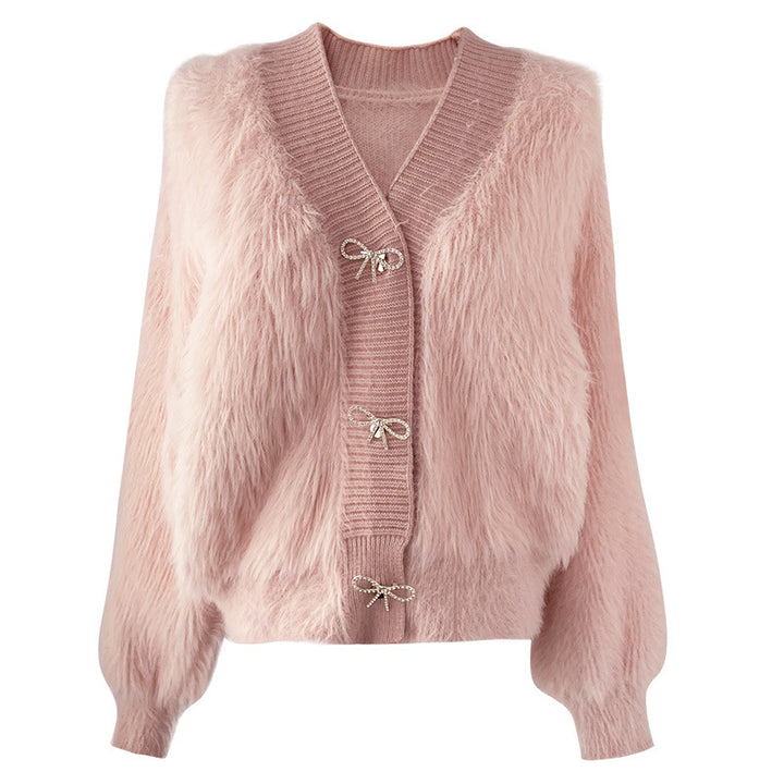 Kvinders fluffy cardigan med elegant knapdekoration Stilla