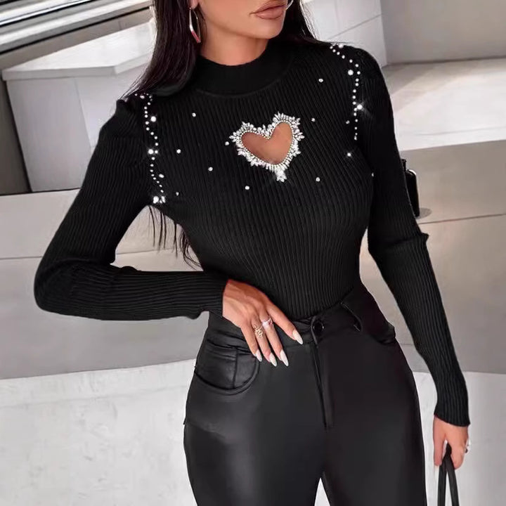 Dame sweater med hjerte-design og glitrende applikationer Stilla