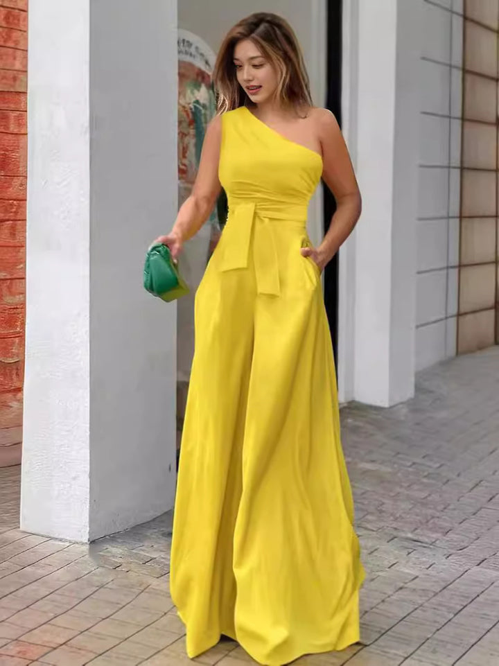 Dame Elegant En-skulder Jumpsuit med bælte og bredt ben Skovae