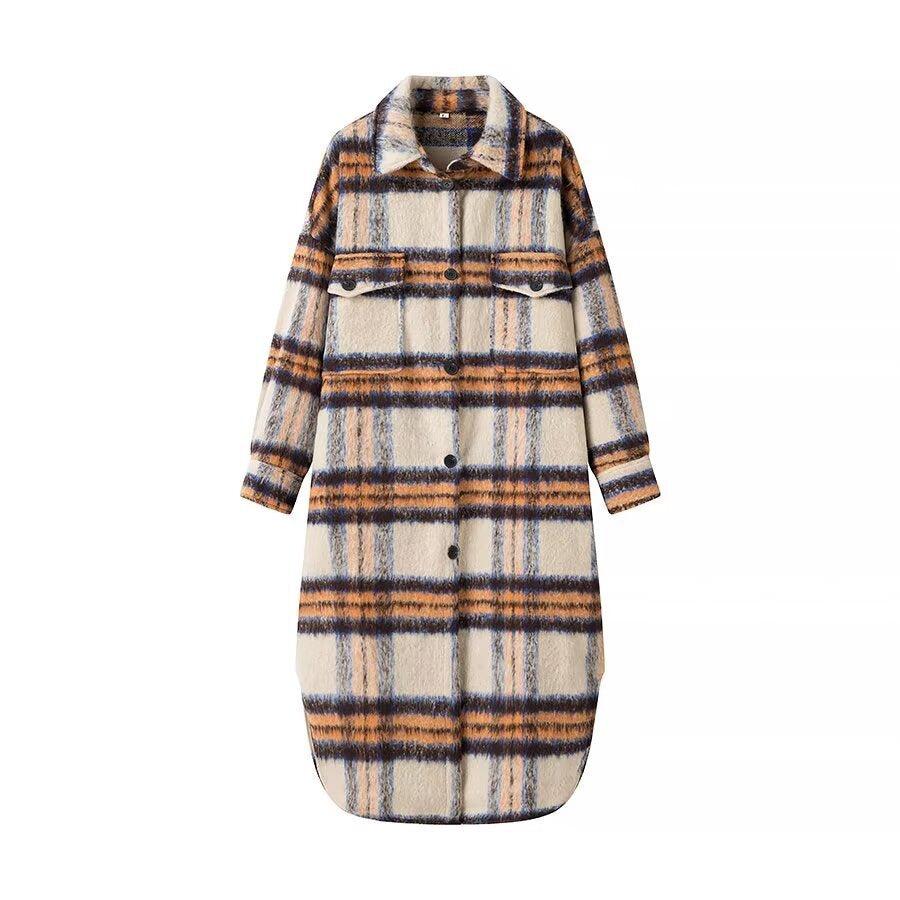 Kvinders fashionable oversized uldfrakke med ternet mønster Stilla