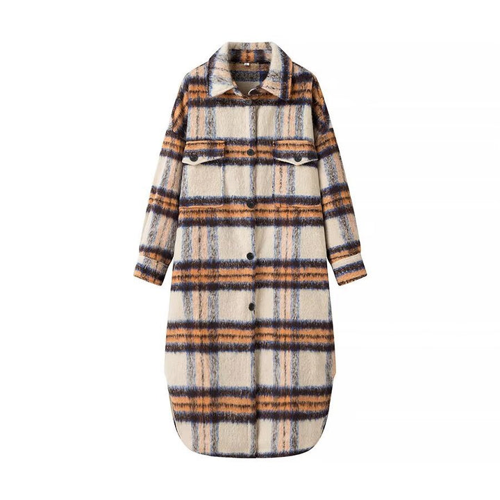 Kvinders fashionable oversized uldfrakke med ternet mønster Stilla