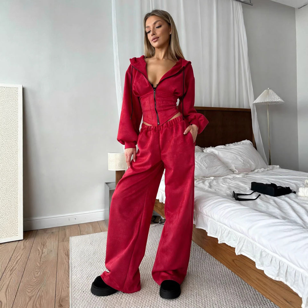 Kvinder sporty sæt af cropped hoodie jakke og brede joggingbukser med elastisk talje Skovae