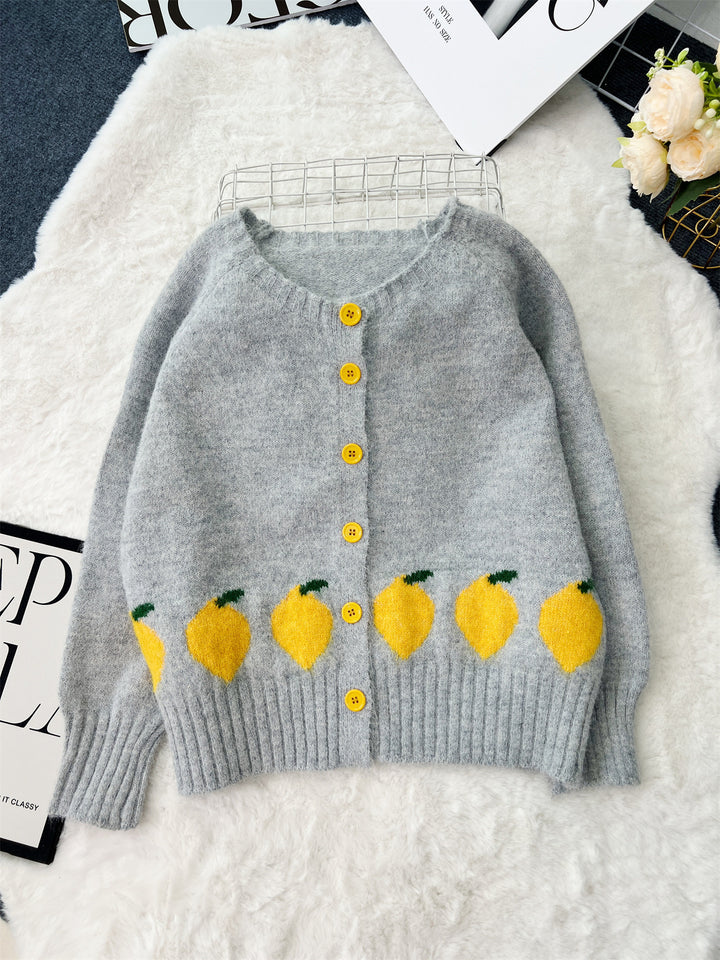 Kvinders hyggelige cardigan med citrussymbol og farverige knapper Stilla