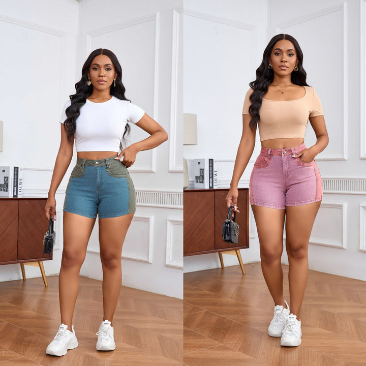 Dame trendy high-waist denim-shorts med farveblokdesign og høj talje Stilla